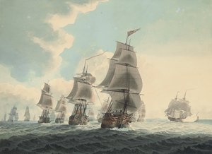 海峡を走るイギリス海軍の戦隊 (紙に鉛筆、ペン、黒インク、水彩) 作： Samuel (attr. to) Atkins