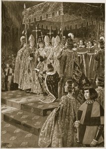 1429年11月6日、聖レナードの日のヘンリー6世の戴冠式での拍車と剣の発表、「The Illustrated London News」、1902年 作： Samuel Begg