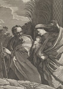 エジプトへの逃避、幼子キリストを運ぶ聖母、…を指し示すヨセフ。 1635-57。 作： Samuel Bernard