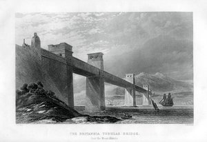 ウェールズのメナイ海峡に架かるブリタニア管状橋、1886年 作： Samuel Bradshaw