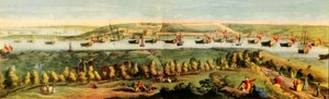 「チャタムの陛下の造船所の西側展望」、1738 年、1942 年 作： Samuel Buck