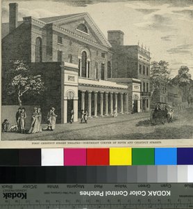 ファースト・チェスナット・ストリート・シアター、フィフスストリートとチェスナットストリートの北東角、1820年頃（木版画 作： Samuel Castner