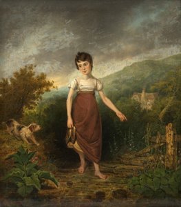 流れを渡る少女」（油彩・パネル 作： Samuel Colman