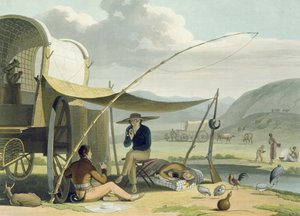 画家によって刻まれた、「アフリカの風景と動物」のプレート17、Boorの家族の停止1805（アクアチント） 作： Samuel Daniell