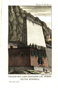 テシャリン・ラマの住居とクゴペアと呼ばれる宗教施設。イラスト：サミュエル・デイヴィス中尉 サミュエル・ターナー大尉（1759-1802）の「チベットのテシュー・ラマの宮廷への使節団の記録」より 1800年。デラクアによる銅版画。