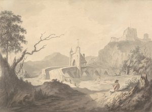 前景にアーティストがスケッチしている川のシーンと橋 作： Samuel Davis