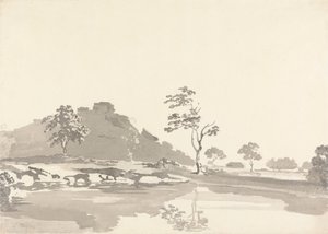 中距離の丘の上に砦がある川のシーン 作： Samuel Davis
