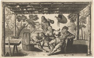 納屋で飲酒と喫煙をする 3 人の農民 作： Samuel Donnet