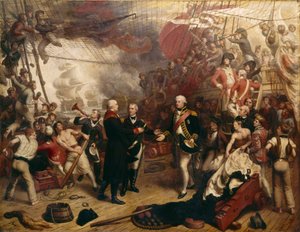 カンパーダウンの戦いでオランダ提督デ・ウィンターの剣を受け取るダンカン提督 作： Samuel Drummond