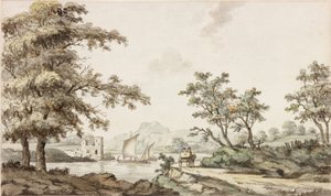 帆船と馬と荷車のある川（インク（黒）と紙に水彩） 作： Samuel Henry Alken