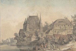 川沿いの村の眺め、1766 年。 作： Samuel Hieronymus Grimm