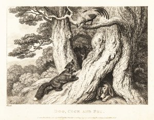 犬が眠っている間、木の雄鶏はキツネの裏をかく。 1811年（エッチング） 作： Samuel Howitt