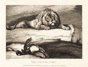 巣穴で雄ライオンに愚かにも近寄るキツネ。 1811年（エッチング） 作： Samuel Howitt