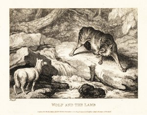 川の近くで子羊を殺すことを正当化しようとするオオカミ。 1811年（エッチング）