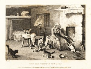 猫に囲まれたあばら屋の囲炉裏に座っているおばあさん。 1811年（エッチング）