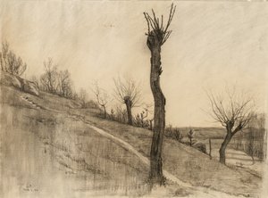 1884年の冬の終わりの風景、バフレイド紙に木炭 作： Samuel Isham