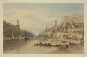 ホットウェルズのエイボン川の眺め。吊り橋の計画、1836年頃（鉛筆・水彩・紙 作： Samuel Jackson