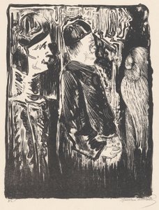 ファンタジー: 左の 2 人の人物は帽子を被り、右は羽毛のある傷のある外観 作： Samuel Jessurun de Mesquita