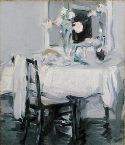 テーブルの上に花瓶のバラが置かれたインテリア（油彩・キャンバス） 作： Samuel John Peploe