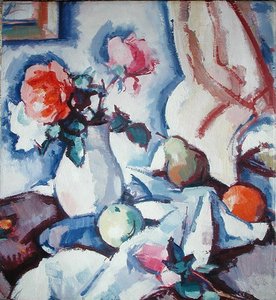 白い花瓶のバラ」（油彩・キャンバス） 作： Samuel John Peploe