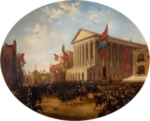 1857年、バーミンガムの市庁舎を離れるケンブリッジ公。