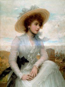 麦わら帽子をかぶった若い女性の肖像 サミュエル・ルーク・フィルデス（1843-1927）のプリント 19世紀 パリ 装飾美術