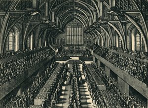 「ウェストミンスター ホールでのジェームズ 2 世の戴冠式ディナー」、1685 年、1947 年。 作： Samuel Moore