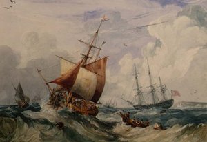 ドーバー沖のうねりの中でスマック釣りをするフランス人（水彩画） 作： Samuel Owen