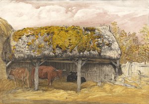 苔むした屋根のある牛のロッジ、1829年頃（紙に水彩とガッシュのペンとインク） 作： Samuel Palmer