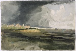 サセックスのヘイルシャム：嵐の接近、1821年（紙のグラファイトの上にトイレ） 作： Samuel Palmer