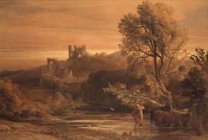 渓流を渡る牛たち 作： Samuel Palmer