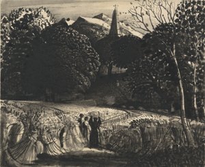 月光によるトウモロコシ畑と教会（紙にブラシと黒インク） 作： Samuel Palmer