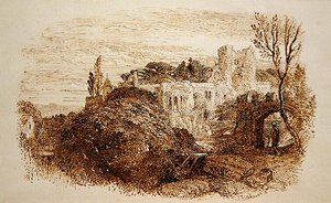 「Mark yon Old Mansion...」。(紙にペンと茶色のインク） 作： Samuel Palmer