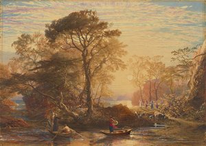 フェードリアに誘惑され、魅惑の島々へ上陸するパーマー付きガイオン卿 作： Samuel Palmer