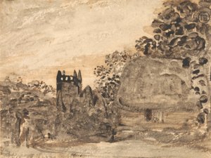 わらぶき小屋と教会 作： Samuel Palmer