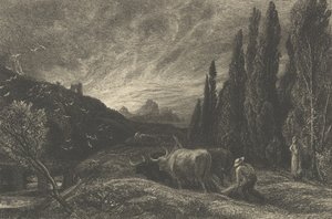 1861年以前の初期のプラウマン、または山に広がる朝。 作： Samuel Palmer