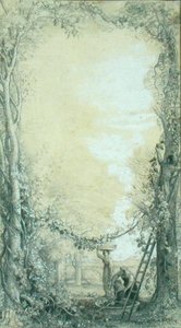 ザ・ヴィンテージ」チャールズ・ディケンズの「イタリアからの絵」の挿絵のデザイン（トレーシングペーパーに鉛筆と水彩、カードを敷いたもの）
