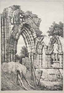 イングランド北部の一連の古代の建物と農村のコテージ：ヨーク、遺跡、1821年。 作： Samuel Prout