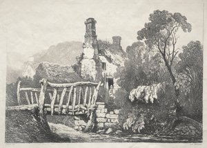 イングランド北部の一連の古代の建物と田舎のコテージ：バイランド近郊、1821年。 作： Samuel Prout