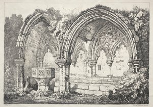 イングランド北部の一連の古代の建物と田舎のコテージ: カークハム修道院の一部 作： Samuel Prout