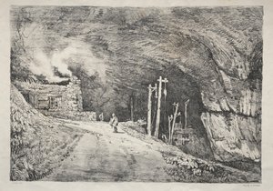 イングランド北部の一連の古代の建物と農村のコテージ：ピーク洞窟、1821年。 作： Samuel Prout
