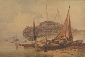 19 世紀初頭から中頃、前景にボートが打ち付けられた海岸の風景。 作： Samuel Prout