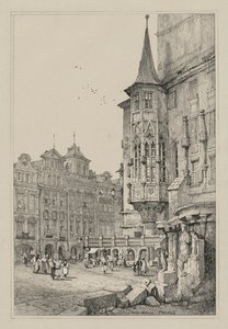 フランダースとドイツで作られたスケッチの複製: オテル・ド・ヴィル、プラハ 作： Samuel Prout