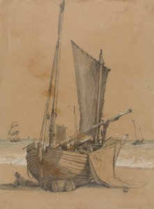 海でブリッグとビーチで漁船 作： Samuel Prout