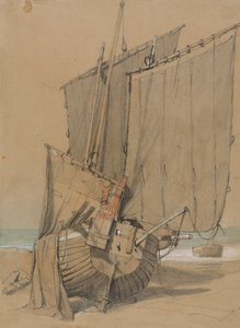 帆が乾燥している浜辺の漁船 作： Samuel Prout
