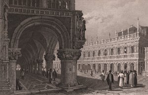 Escorço da arcada do Palácio Ducal (Palazzo Ducale) com vista para a Praça de São Marcos e Palácio da Biblioteca, Veneza, Veneto, Itália, gravura em aço segundo desenho de Samuel Prout (1783-1852), cerca de 15x11,5 cm