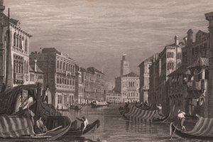 大運河 (Canal Grande) のゴンドラ、ベネチア、ベネト州、イタリア、Samuel Prout (1783-1852) による描画後の鋼の彫刻、15x11.5 cm 年頃 作： Samuel Prout