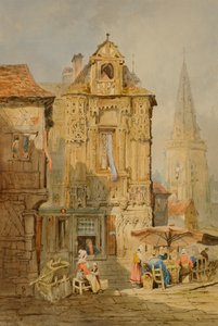 ブルージュの市場、19 世紀初頭。 作： Samuel Prout