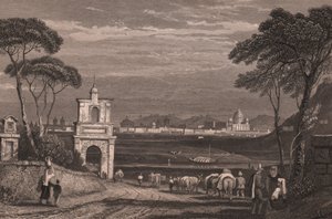 ローマ、右側にサン・ピエトロ大聖堂のドーム、イタリア、ラツィオ州、サミュエル・プラウト（1783-1852）のデッサンによるスチール・エングレーヴィング、約15x115cm。 作： Samuel Prout