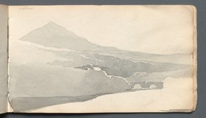 スケッチブック：橋のある山岳風景、1814年。 作： Samuel Prout
